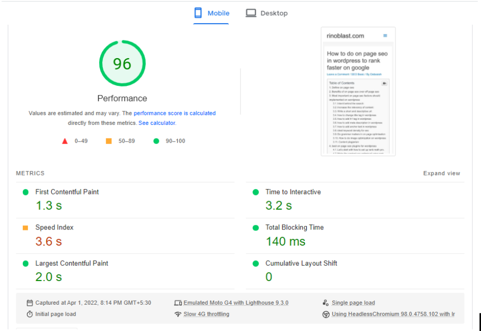 google page speed insight data: site speed, components of technical seo, before cdn